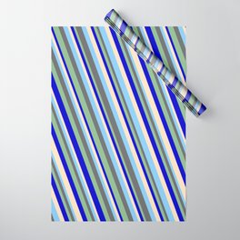 [ Thumbnail: Light Sky Blue, Dim Gray, Dark Sea Green, Blue & Bisque Colored Lined/Striped Pattern Wrapping Paper ]