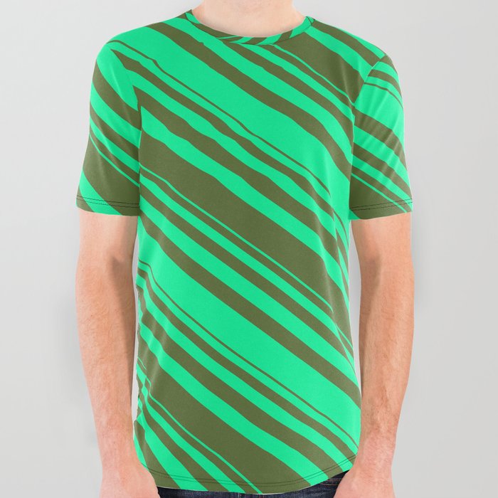 Dark Olive Green and Green Colored Lines Pattern All Over Graphic Tee