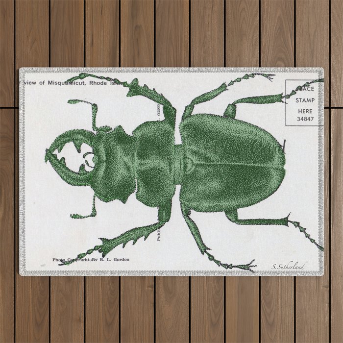 Green Beetle Postcard Outdoor Rug