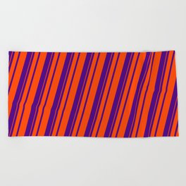 [ Thumbnail: Indigo & Red Colored Pattern of Stripes Beach Towel ]