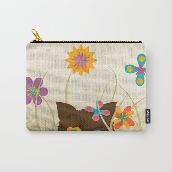 Whimsical Blooming Flowers and Brown Kitty Cat Carry-All Pouch