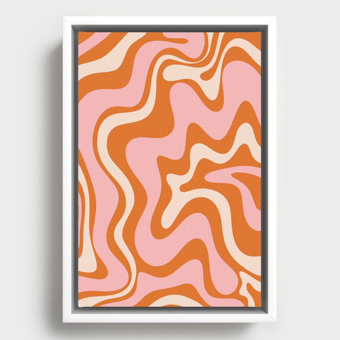 Liquid Swirl Retro Abstract Pattern in Orange Pink Cream Framed Canvas