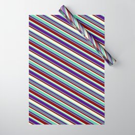 [ Thumbnail: Eyecatching Beige, Aquamarine, Indigo, Slate Gray, and Maroon Colored Lines/Stripes Pattern Wrapping Paper ]