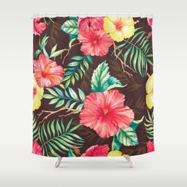 Hand drawn watercolor seamless pattern with colorful tropical flowers hibiscuses and leaves on the dark background Shower Curtain