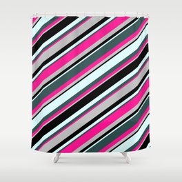 [ Thumbnail: Colorful Light Cyan, Dark Slate Gray, Deep Pink, Grey & Black Colored Lines/Stripes Pattern Shower Curtain ]