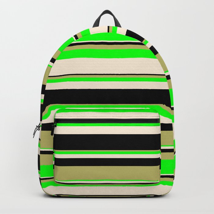 Dark Khaki, Lime, Beige, and Black Colored Striped Pattern Backpack