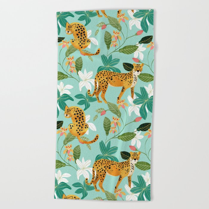 Cheetah Jungle, Wildlife Nature Wild Cats Tigers Leopard Botanical Animals Mint Quirky Illustration Beach Towel