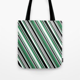 [ Thumbnail: Dark Gray, Sea Green, Mint Cream, and Black Colored Stripes/Lines Pattern Tote Bag ]