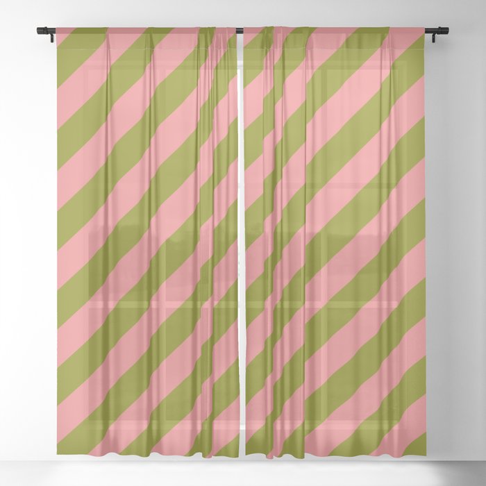 Light Coral and Green Colored Striped/Lined Pattern Sheer Curtain