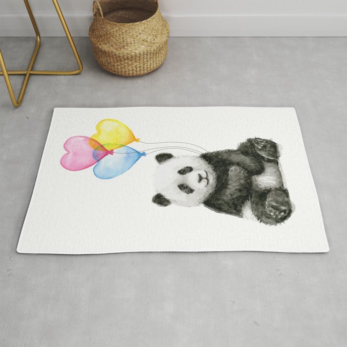 Panda Baby with Heart-Shaped Balloons Whimsical Animals Nursery Decor Rug