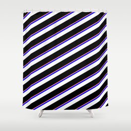 [ Thumbnail: Light Coral, Blue, White & Black Colored Striped Pattern Shower Curtain ]