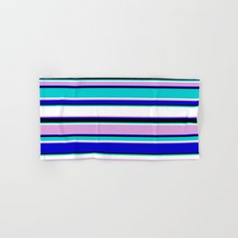 [ Thumbnail: Eye-catching Dark Turquoise, White, Plum, Blue & Black Colored Lined/Striped Pattern Hand & Bath Towel ]