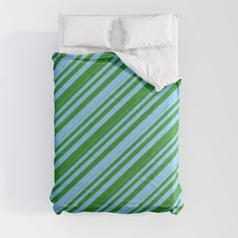 [ Thumbnail: Light Sky Blue and Forest Green Colored Lines/Stripes Pattern Comforter ]