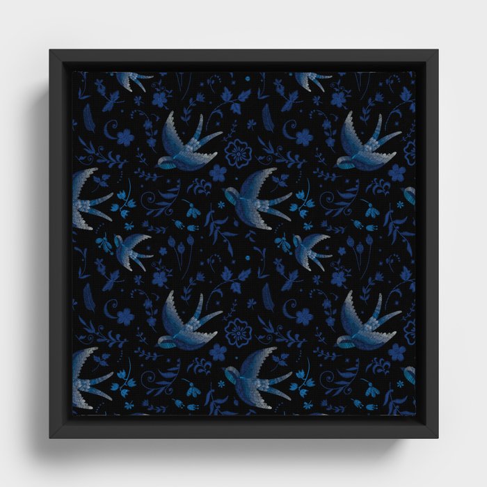 Embroidered Blue Birds Framed Canvas
