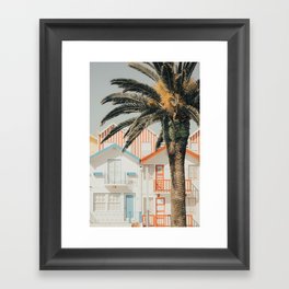 Palm Tree - Colorful Pastel Striped Beach Houses - Europe Travel Photography Framed Art Print