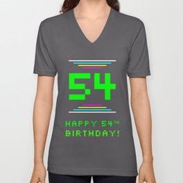 [ Thumbnail: 54th Birthday - Nerdy Geeky Pixelated 8-Bit Computing Graphics Inspired Look V Neck T Shirt V-Neck T-Shirt ]