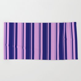 [ Thumbnail: Midnight Blue and Plum Colored Striped/Lined Pattern Beach Towel ]