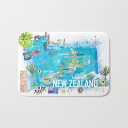 New Zealand Illustrated Travel Map with Tourist Highlights Bath Mat