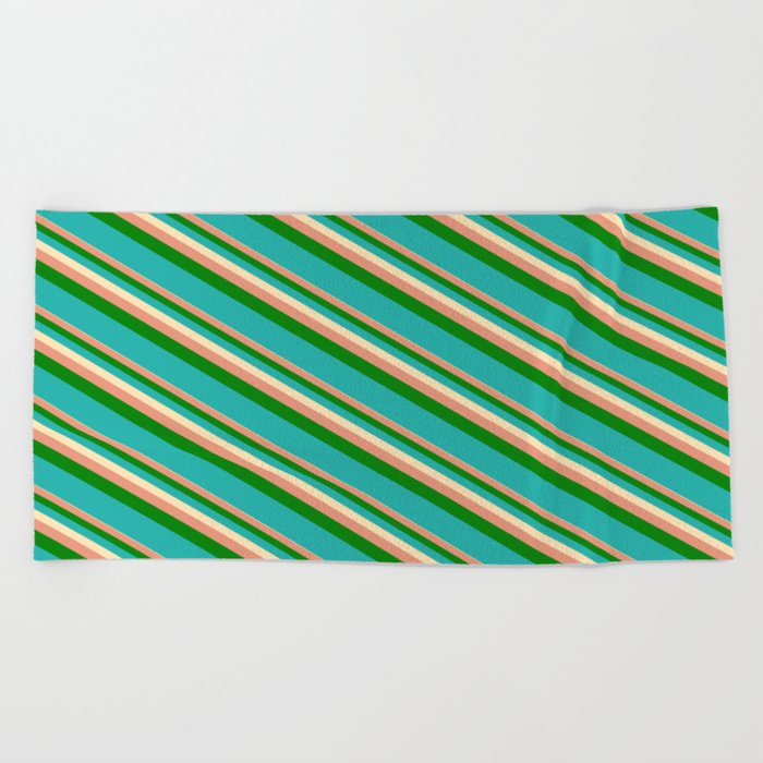 Beige, Dark Salmon, Green & Light Sea Green Colored Lines Pattern Beach Towel