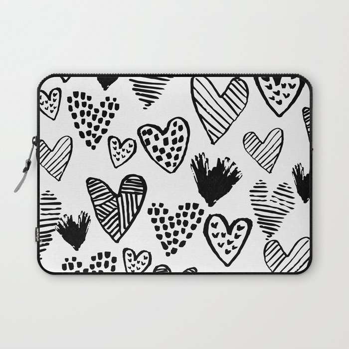 Hearts black and white hand drawn minimal love valentines day pattern gifts decor Laptop Sleeve