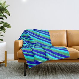[ Thumbnail: Aqua, Sea Green & Blue Colored Striped/Lined Pattern Throw Blanket ]