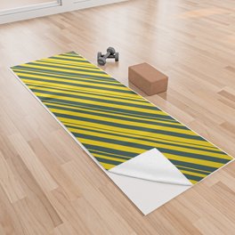 [ Thumbnail: Dark Slate Gray and Yellow Colored Lined Pattern Yoga Towel ]