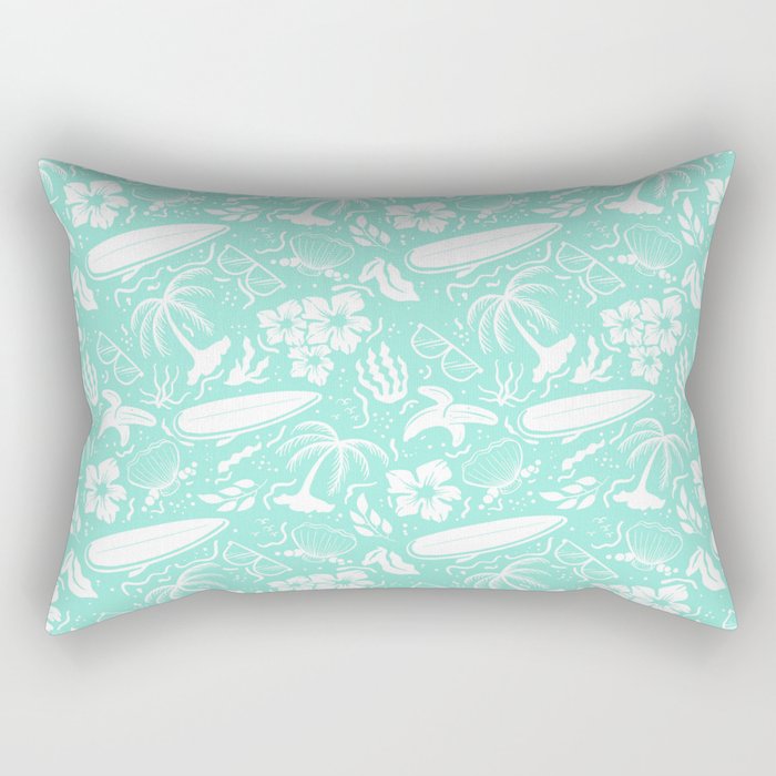 Mint Blue and White Surfing Summer Beach Objects Seamless Pattern Rectangular Pillow