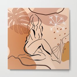 Sensual sitting woman line art, Abstract monstera leaf illustration, Organic floral background Metal Print