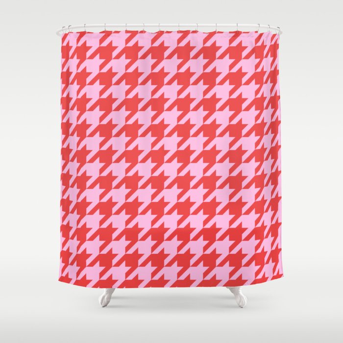Houndstooth Check Pattern in Pink & Red Shower Curtain
