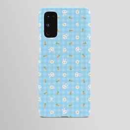 Bunnies, carrots & daisies (Pastel blue Gingham) Android Case