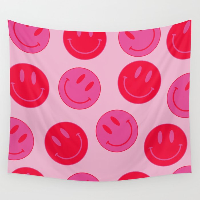 Large Pink and Red Vsco Smiley Face Pattern - Preppy Aesthetic Wall Tapestry