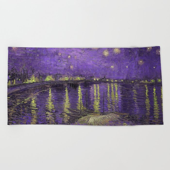 Starry Night Over the Rhone landscape painting by Vincent van Gogh in alternate purple with yellow stars Beach Towel