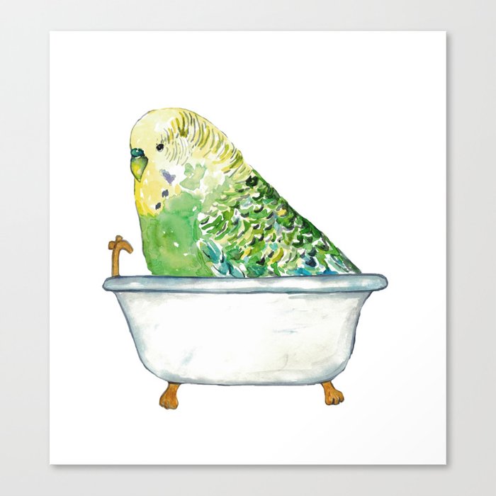 Budgie green taking bath Painting Wall Poster Watercolor Canvas Print