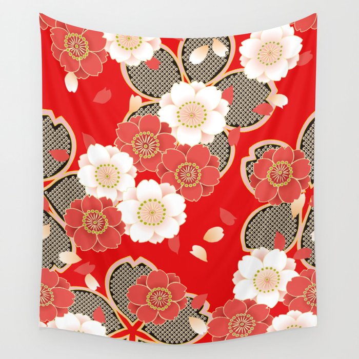 Japanese Vintage Red Black White Floral Kimono Pattern Wall Tapestry