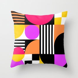 Mid Century Modern Geometric Shapes and Stripes No.2 Orange, Pink, Yellow, Black, White  Throw Pillow