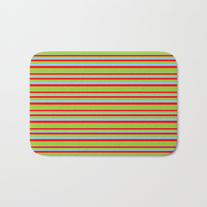 Light Sky Blue, Red & Green Colored Lines/Stripes Pattern Bath Mat
