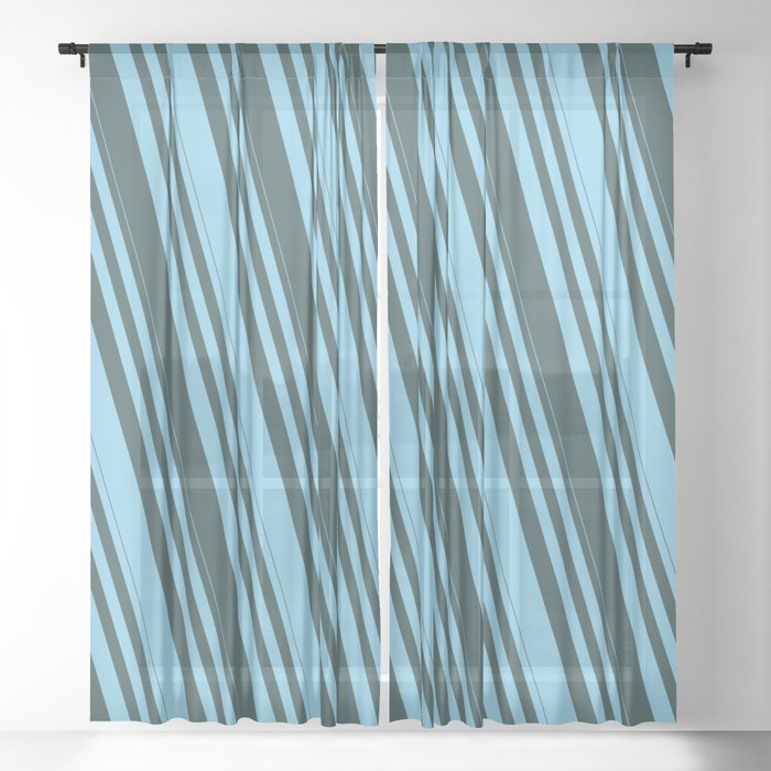 Sky Blue and Dark Slate Gray Colored Lines Pattern Sheer Curtain