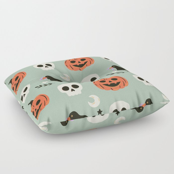 Halloween seamless pattern with ravens, skulls and pumpkin. Cute spooky illustration. Trick or treat holiday background. Hand drawn endless texture Floor Pillow