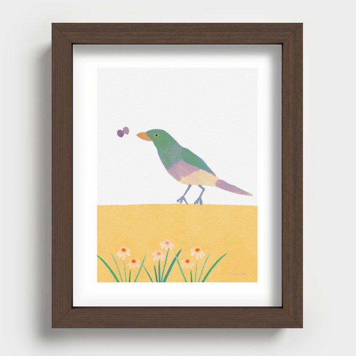 Bird with Butterfly on the Hill - Green and Yellow Recessed Framed Print