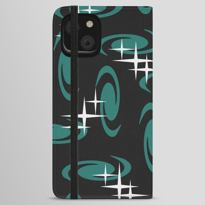 Retro Atomic Age Swirls Stars Pattern Black Teal iPhone Wallet Case