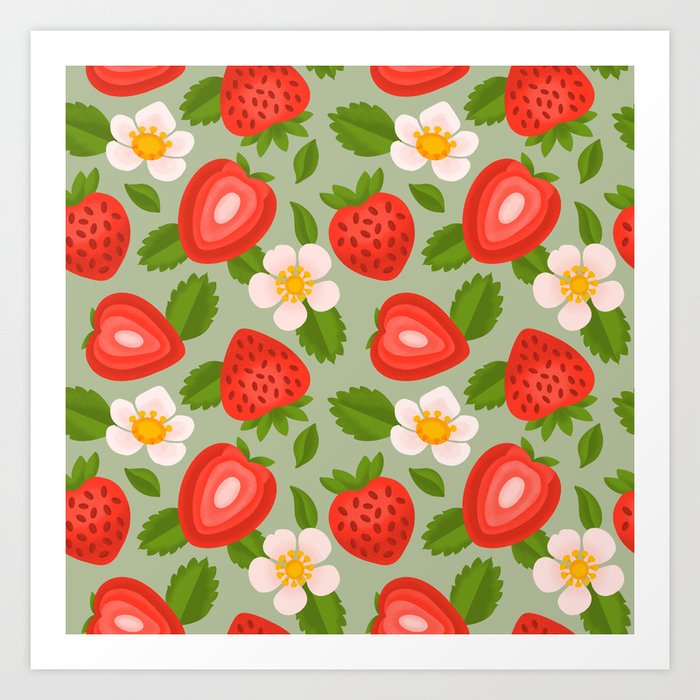 Strawberry Pattern on Mint Green Art Print