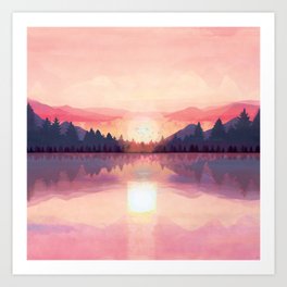 Morning Sunshine over the Peaceful Mountain Lake Art Print