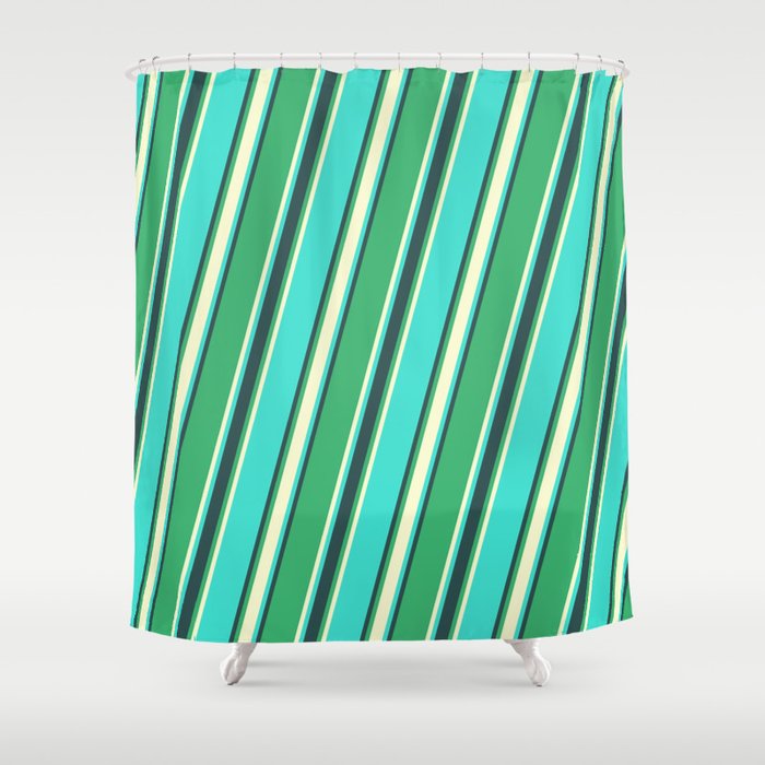 Sea Green, Light Yellow, Turquoise, and Dark Slate Gray Colored Striped Pattern Shower Curtain
