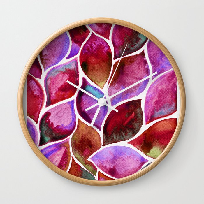 Watercolor Leaves bright violet Wall Clock