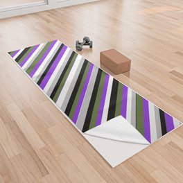[ Thumbnail: Eye-catching Grey, White, Purple, Dark Olive Green, and Black Colored Lined/Striped Pattern Yoga Towel ]