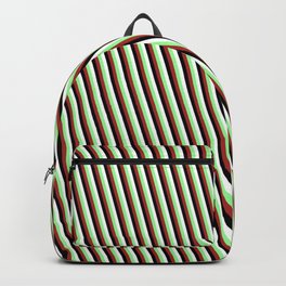 [ Thumbnail: Green, Brown, Black & White Colored Stripes Pattern Backpack ]