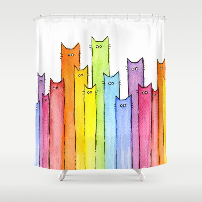 Cat Rainbow Watercolor Pattern Shower Curtain