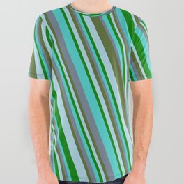 [ Thumbnail: Turquoise, Slate Gray, Dark Olive Green, Light Blue, and Green Colored Striped/Lined Pattern All Over Graphic Tee ]