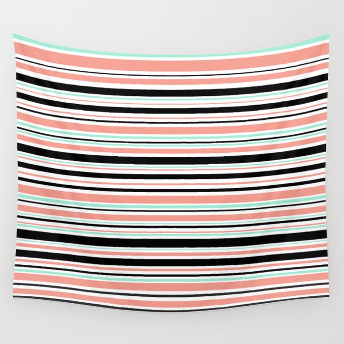 Mint & Pink & Black Modern Stripes Wall Tapestry