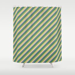 [ Thumbnail: Sea Green, Dark Khaki, Tan, and Slate Gray Colored Striped Pattern Shower Curtain ]